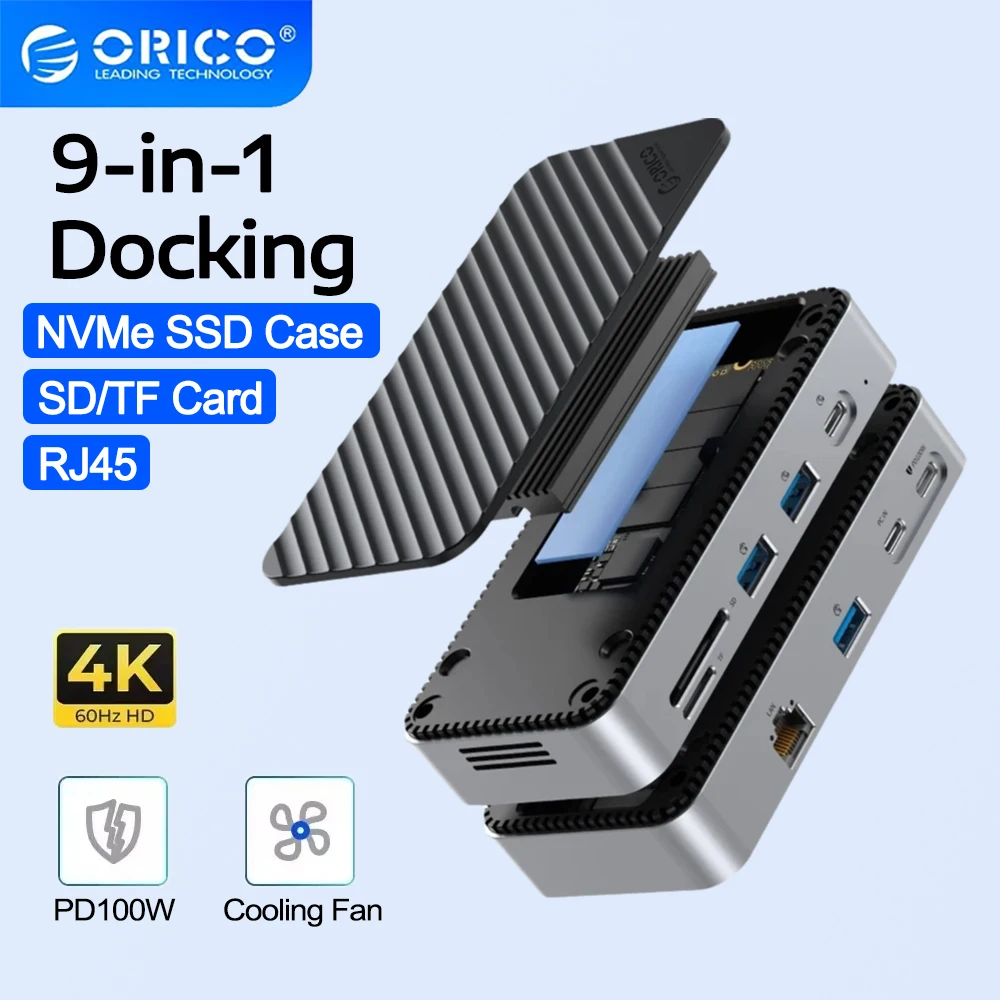ORICO M.2 NVMe SSD Enclosure USB C HUB with Cooling Fan 10Gbps External RJ45 SD/TF USB Docking Station for Pc Laptop MacBook
