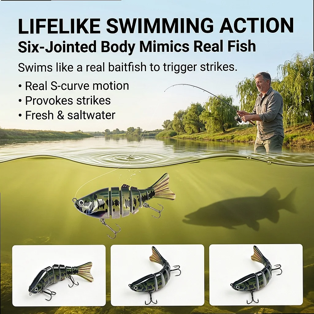 Jointed Bass Lure 6-Jointed Swimbait 3/5/10 Pack Slow Sinking Wobbler Rattle 3D Eyes for Pike Perch in River Current