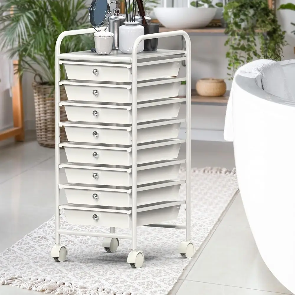 Carrinho de armazenamento móvel com 8 gavetas para artes e ofícios, branco