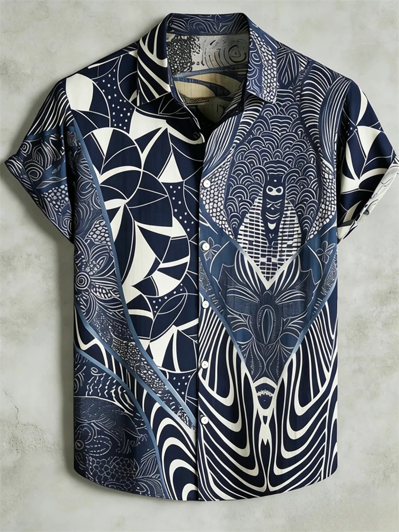 New Men's Popular Plant Totem Full Print Short Sleeve Shirt, Seaside Travel Lazy Style Shirt