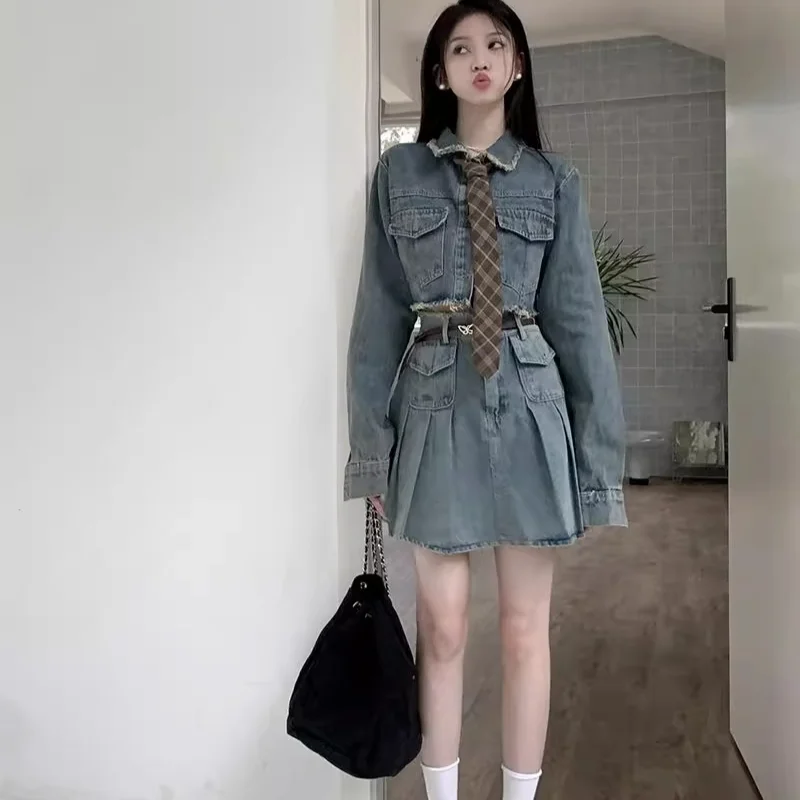 Denim Plisowane Sukienki Zestawy Kobiety Vintage Crop Cool Girls Long Sleeve Pockets Tops Slim A-line High Waist Spicy Prevalent Hipster