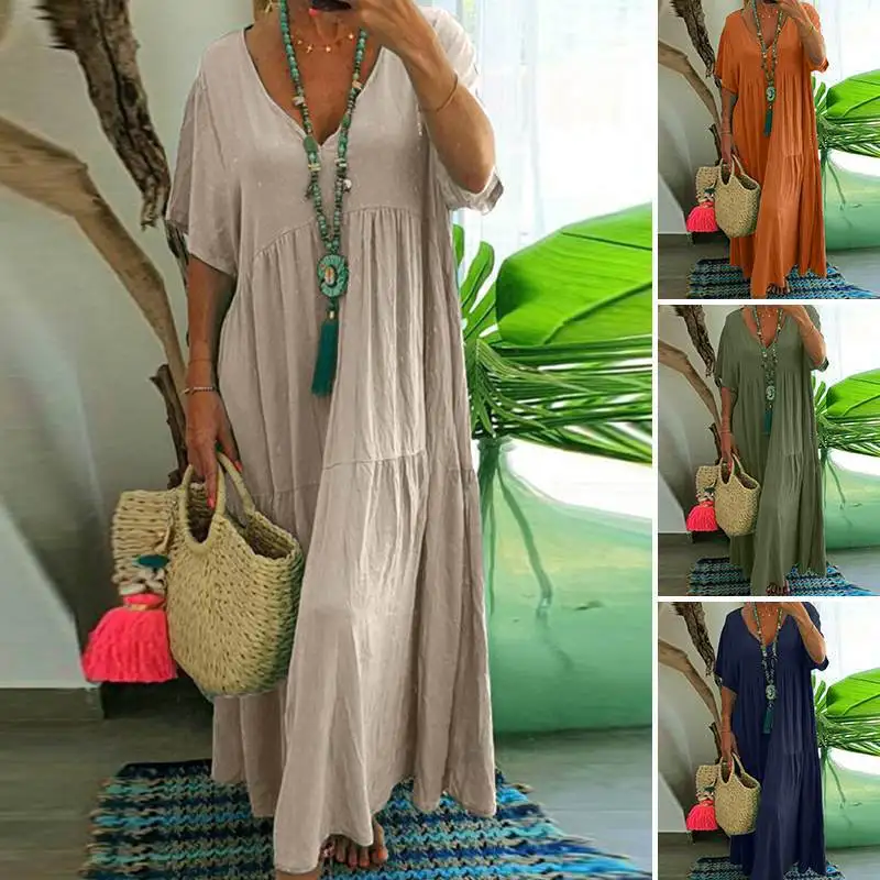 Spring Summer 2026 Wish New V-neck Irregular Multi-color Long Skirt Loose Waist Street Style Casual Cotton Maxi Dress