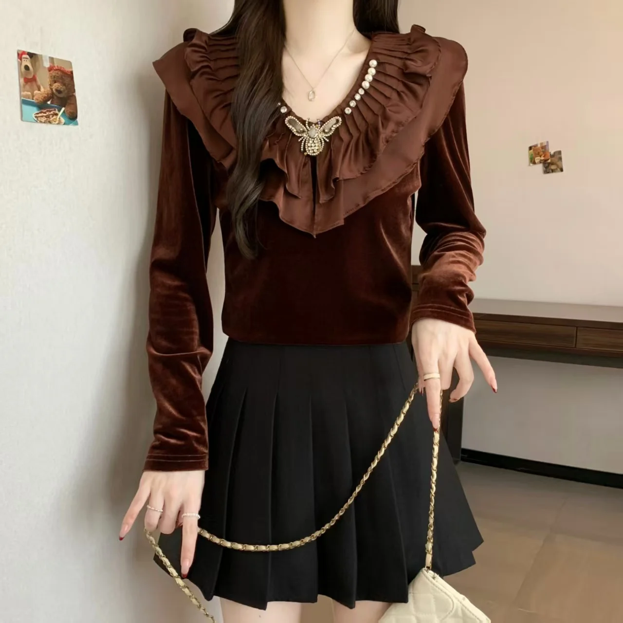 

Женская облегающая футболка Ele Velvet Satin V-Ne Long Sve Base Layer irt на осень-зиму, большие размеры, модный