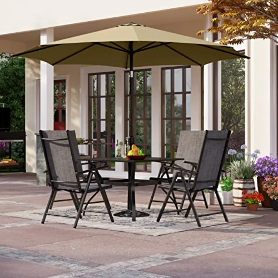 

Outdoor Patio Dining Set with 9 Ft Umbrella for 4 4 Grey Reclining Folding Sling Chairs with Armrest 1 Square Metal Table with