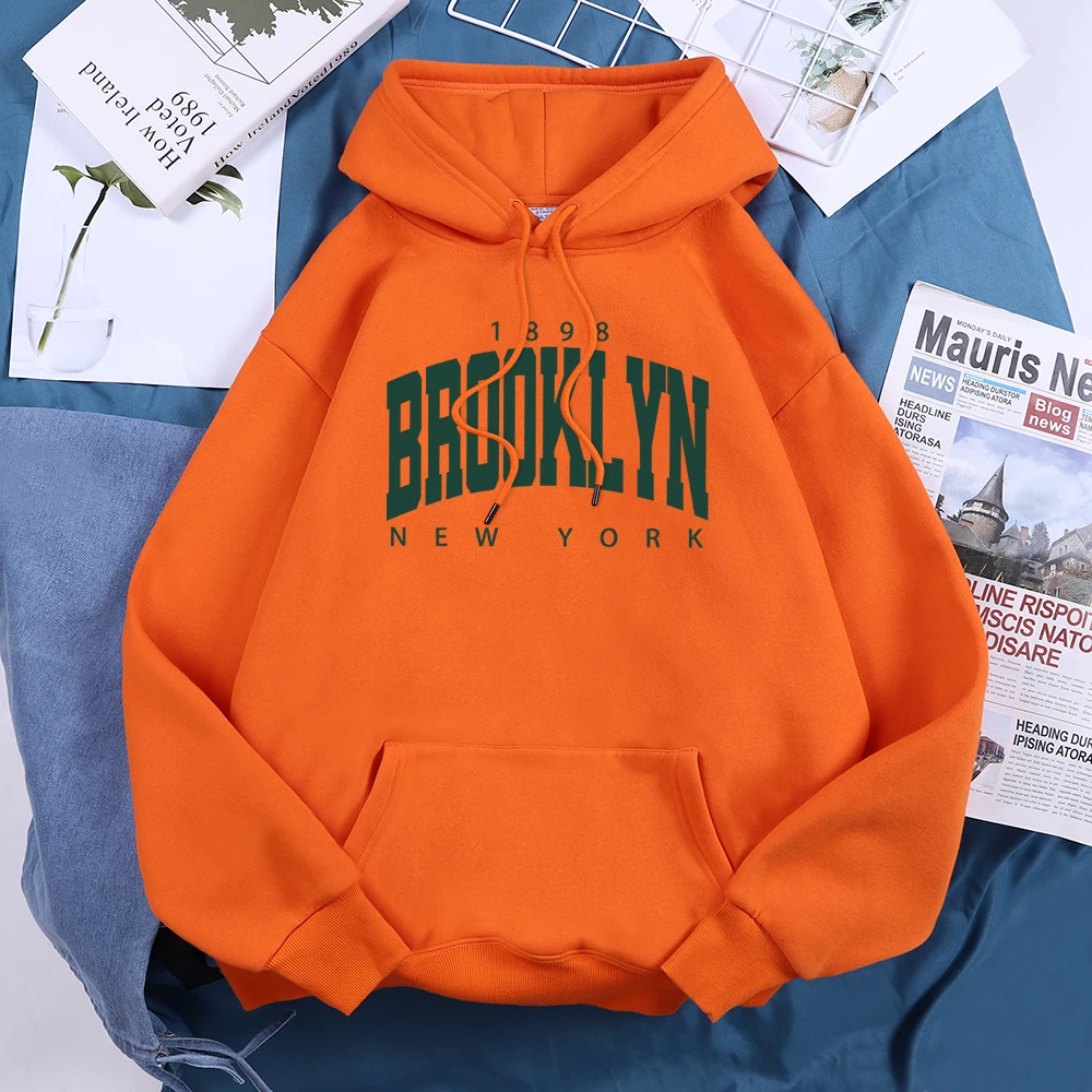 

Brooklyn 1898 New York Letter Women Hooded Graphic Funny Hoodies O-Neck Casual Loose Unisex Tops Sport Street Basic Sweatshirt