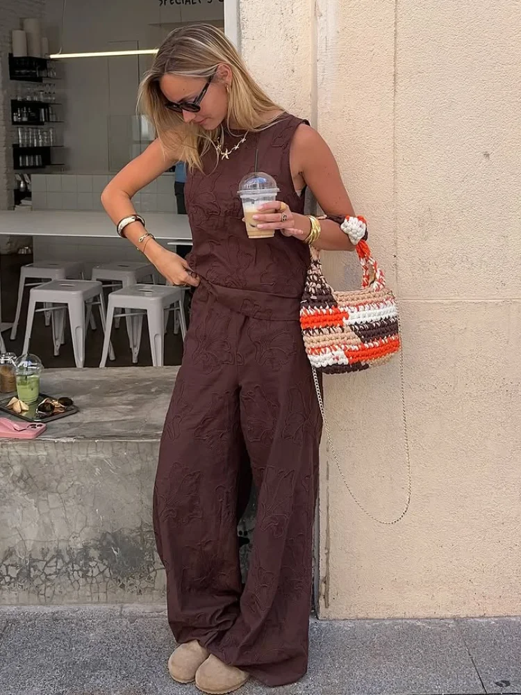 

Brown Sleeveless Floral Printed Vest Set Casual High Waist Wide Leg Pants Suit For Women 2025 Summer Daily Commute Street Outfit