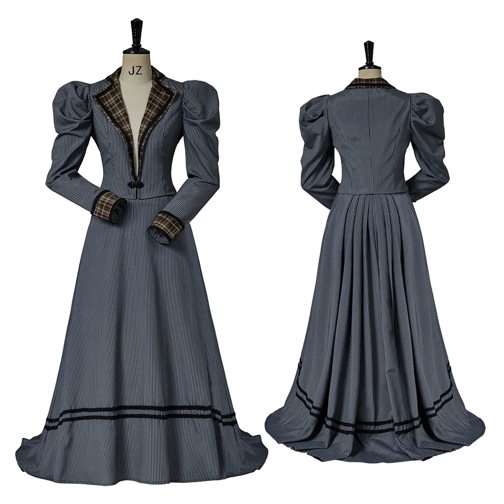 20th Century Role Play Costume Victorian Edwardian Costume Grey Vintage Deep V Suit Maxi Top Skirt Two Piece Set