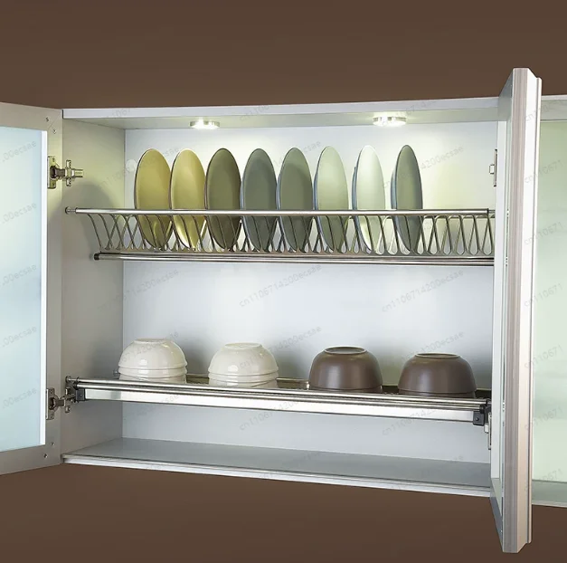 304 Stainless Steel Double Layer Dish Rack, Wall Mounted Punch Free Cup & Bowl Drying Storage Rack