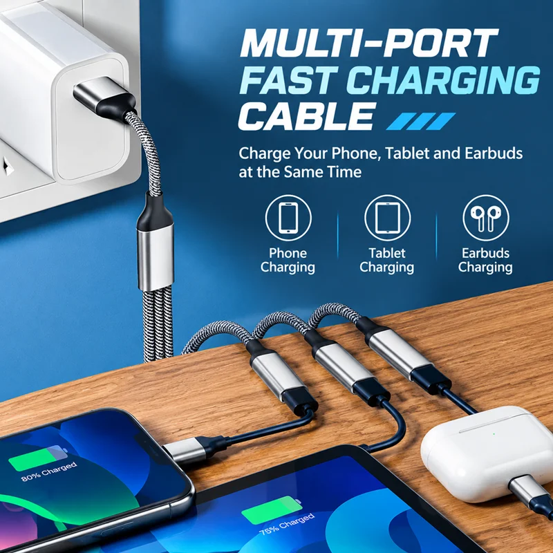 3-in-1 USB Splitter HUB Simultaneous 3-Device Support Fast Data Transfer Charging USB HUB for Computer Laptop Car