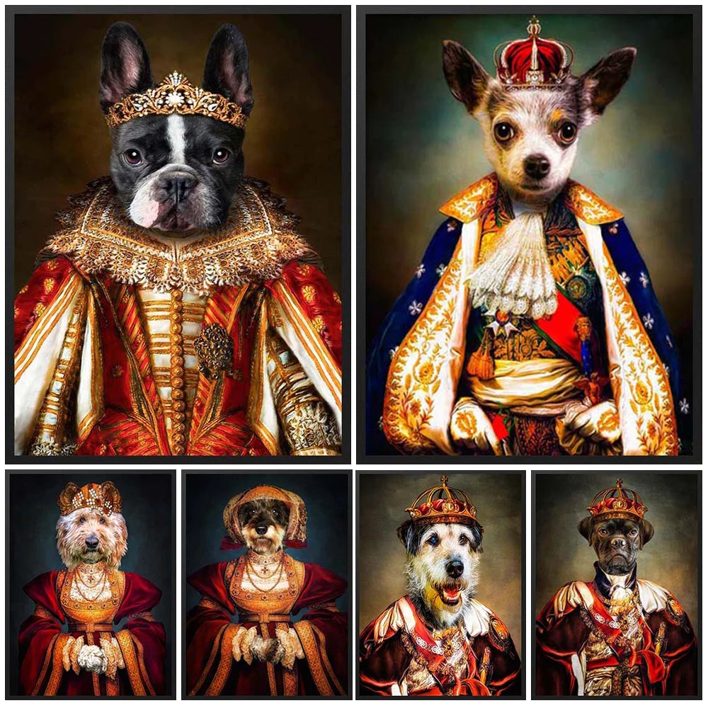 

Custom Vintage King Royal Portrait Animals Pet Cat Dog Wall Pictures For Living Room Poster Wall Art Canvas Painting Unframed