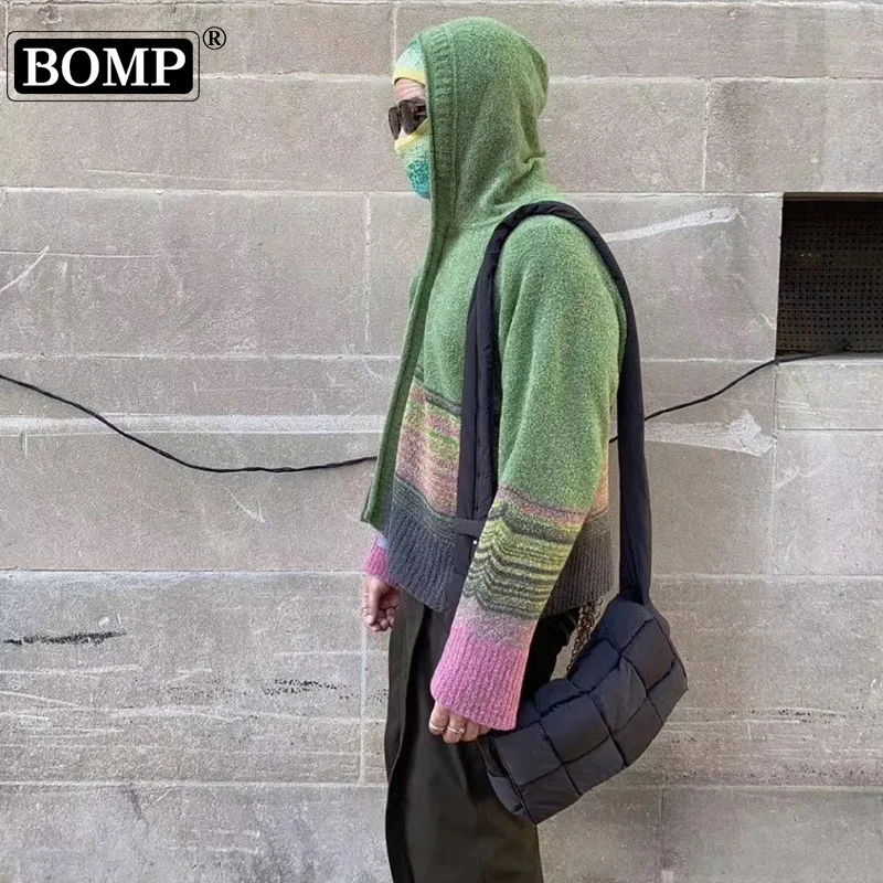 

[BOMP] Pink Green Hooded Zipper Cardigan Short Wool Knitted Contrast Sweater