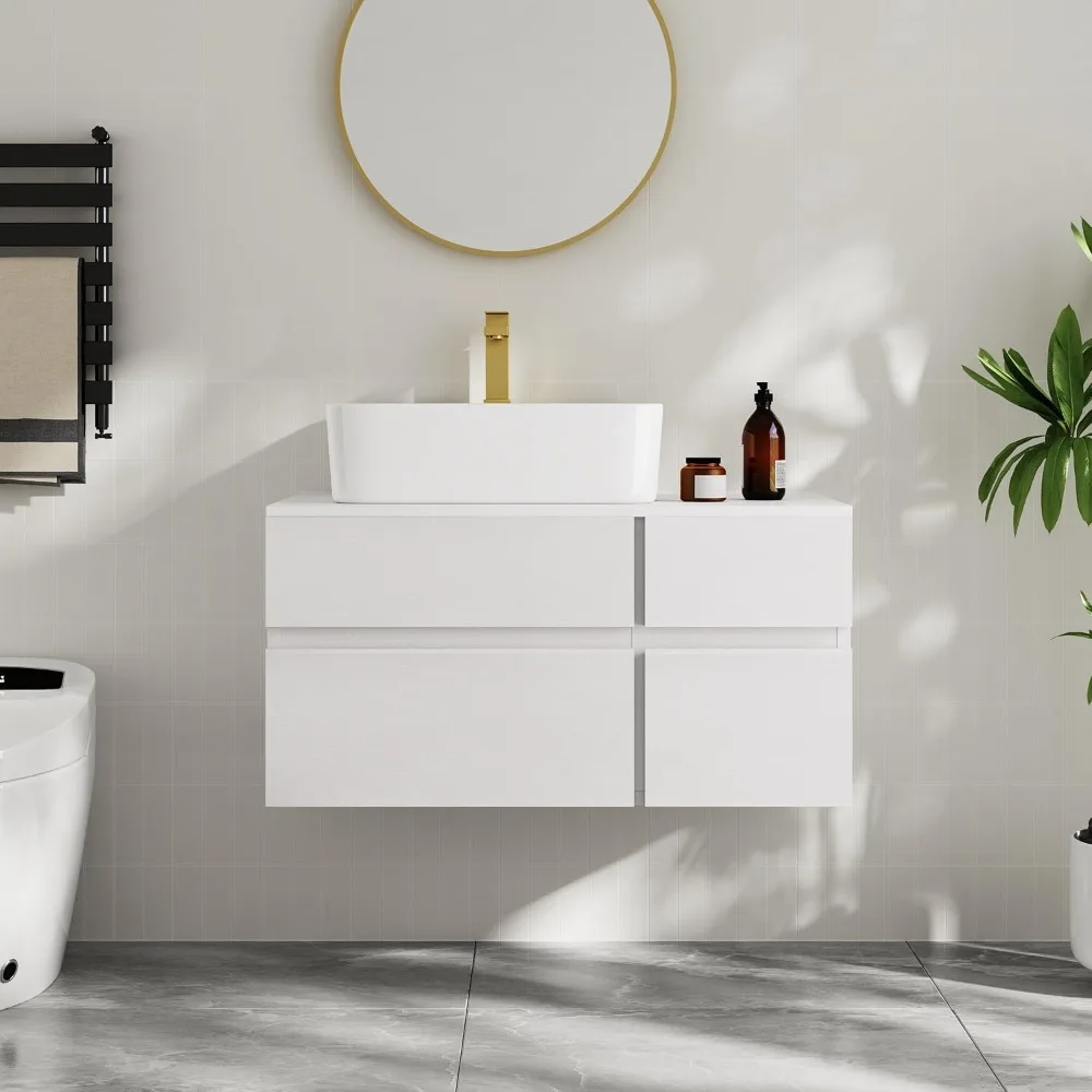 

Floating Wall-Mounted Bathroom Vanity with Faux Marble Top and Ceramic Vessel Sink, 31.5"W x 15.8"D x 16.5"H