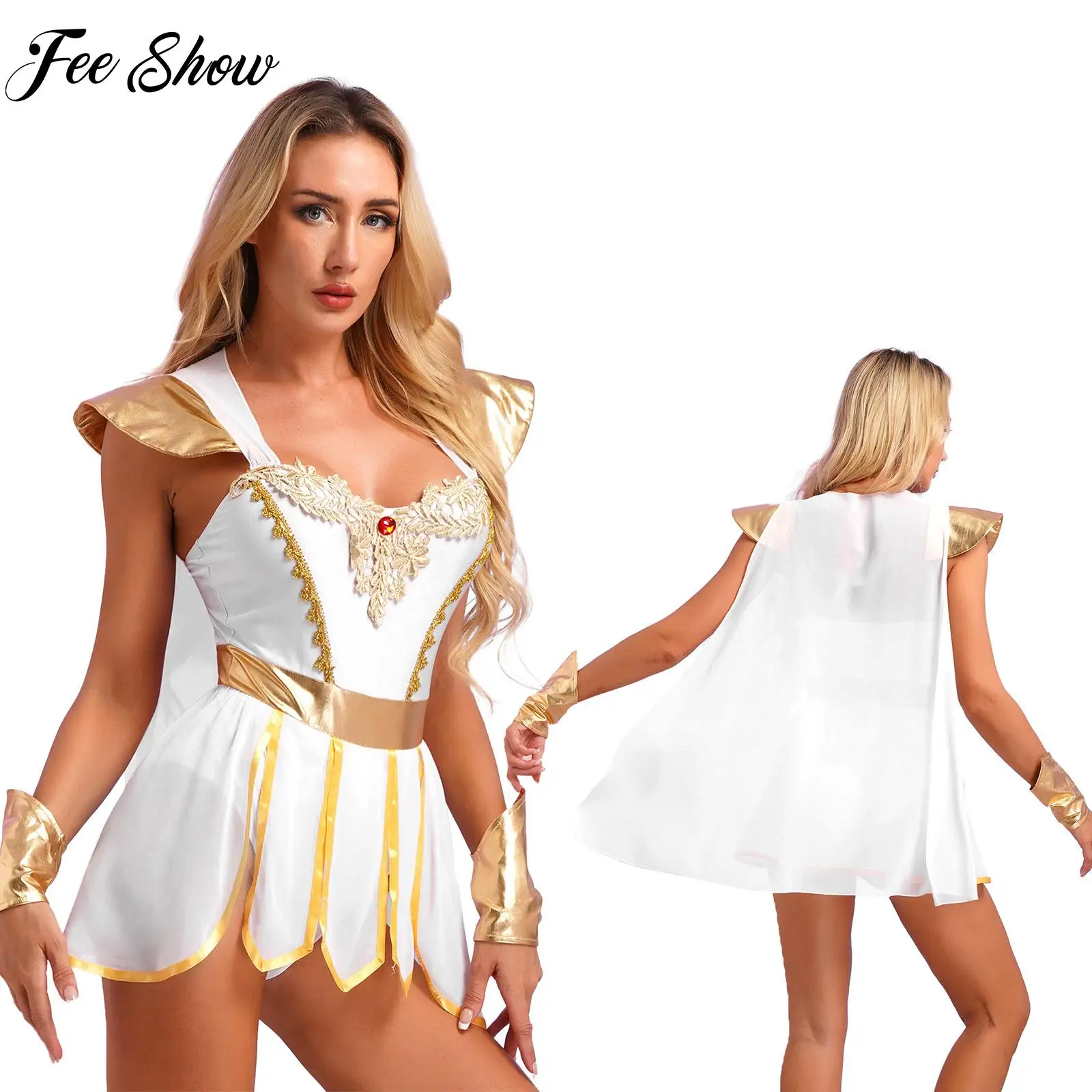 Womens Ancient Roman Bodysuit Toga Costumes Integrated Cape Petal Skirt Bodysuit with Metallic Wristbands for Halloween Dress-Up