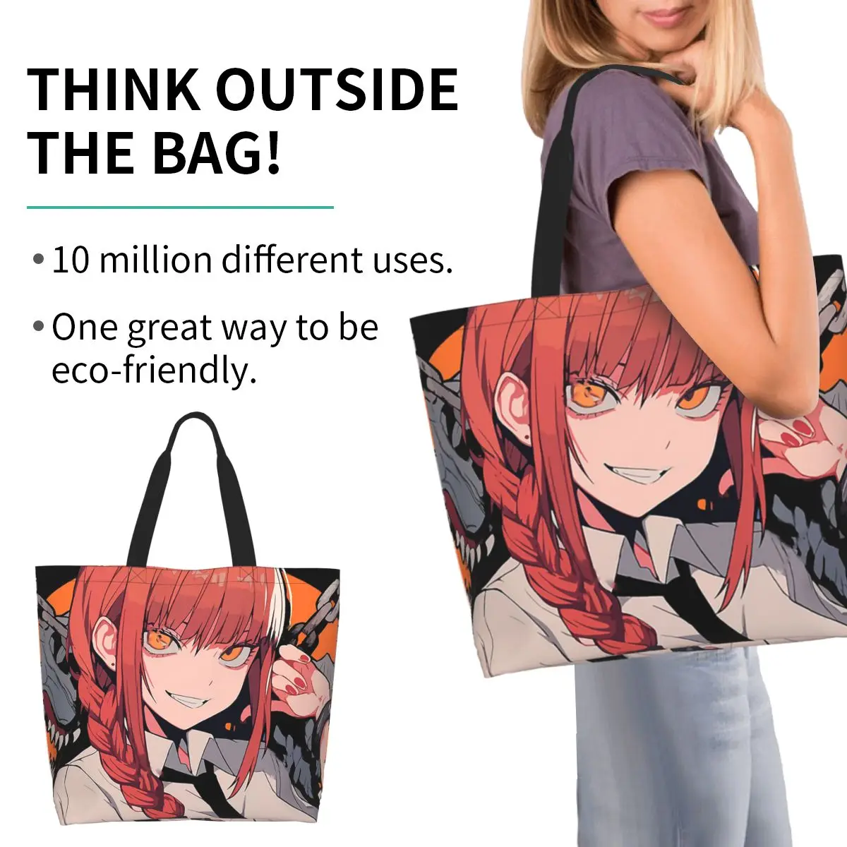 Makima Chainsaw Man Shopping Tote Bag Canvas Large Capacity Shoulder Bags Shopper Grocery Handbag for Women