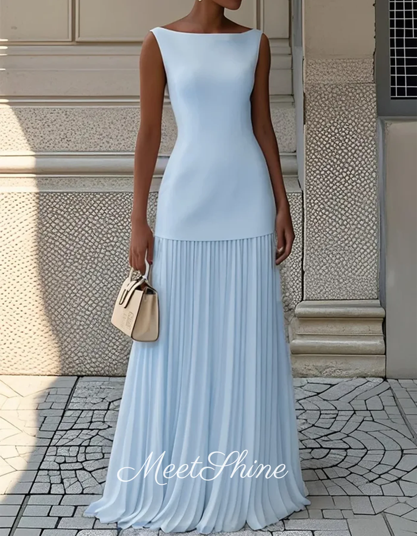 فستان سهرة بوهو برقبة قارب بدون أكمام على شكل حرف a من الساتان فستان سهرة رائع متين مطوي من الشيفون لحفلات الزفاف الرسمية حسب الطلب