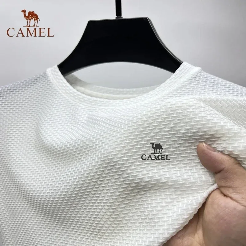 Summer Men\'s Embroidered CAMEL Ice Silk Hollow Round Neck Short Sleeved T-shirt Korean Fashion Casual Comfortable Cool Polo Top