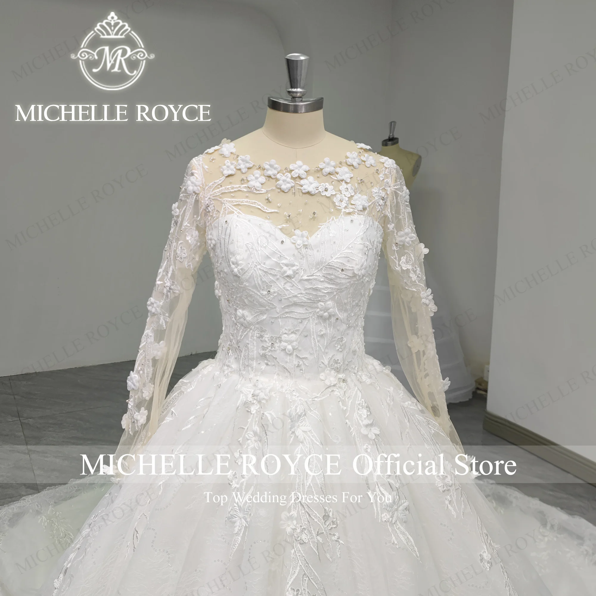 

Michelle Royce Ball Gown Wedding Dresses For Women Real Photos SCOOP Beading Sequined 3D Flowers Wedding Gown Vestidos De Novia