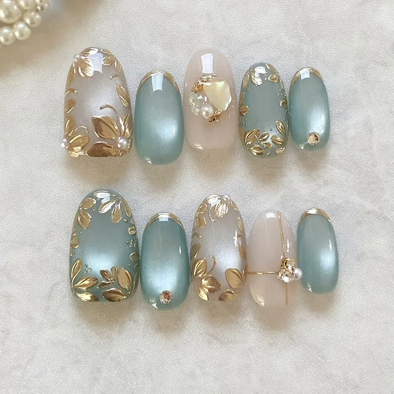 

24pcs Press on Nails Green Grape Cat's Eye Gilded Flower Pearl Full Coverage Nail Tips for Women&Girl Removable Wearable Nail