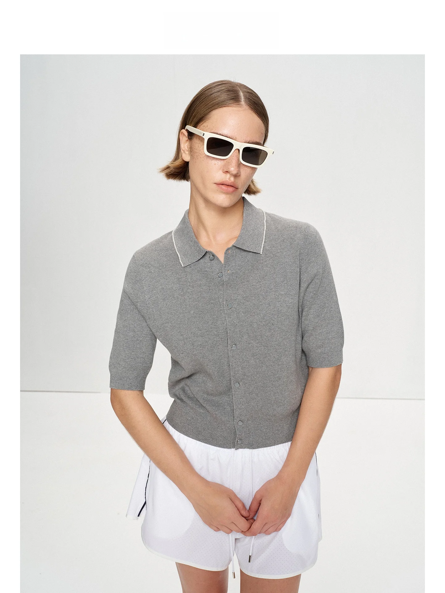 

Mincollection irt Pearl Slim Fit Knitwear Turn-down Collar Cotton Summer Casual Women's T-irt Faion Design