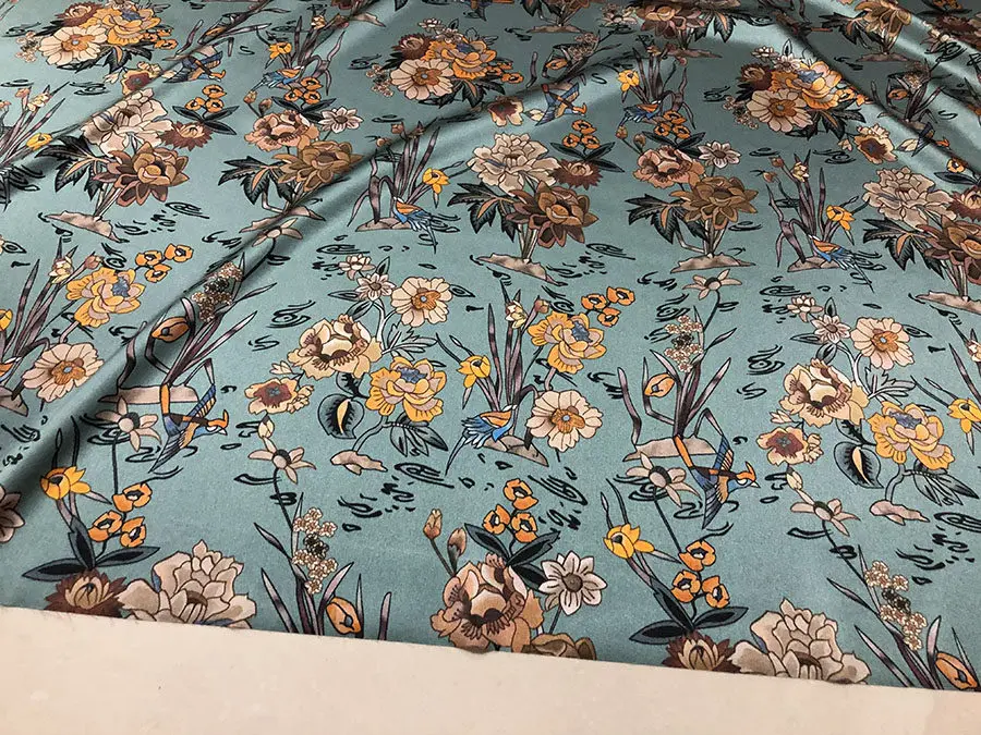 Designer Cloth 19 Momme Real Silk Spandex Satin Fashion Dark Lake Blue Flowers and Birds Digital Inkjet Fabric DIY