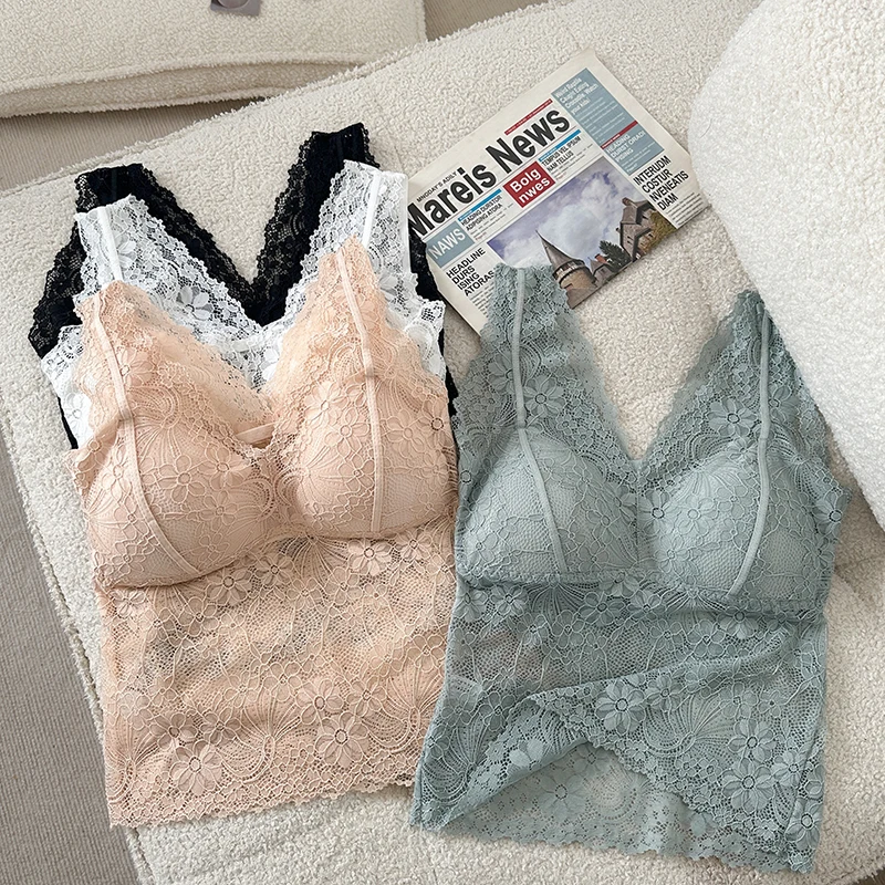 

Large Size Women's Lace Underwear with Pad Anti-Slip Cup Beautiful Ba Base Layer Small Strap Vest Inner Wear Long Base irt