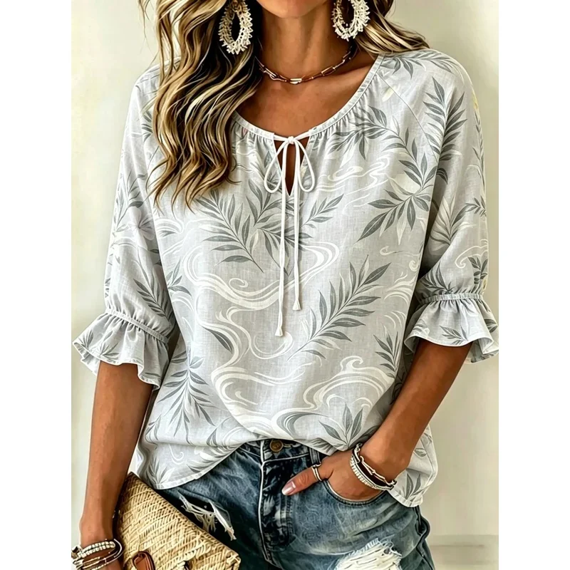 Women's Tie Keyhole Neck Blouse, Light Gray Bamboo Leaf Swirl Wave Allover Print, for Spring Summer Daily Casual Holiday Outfits