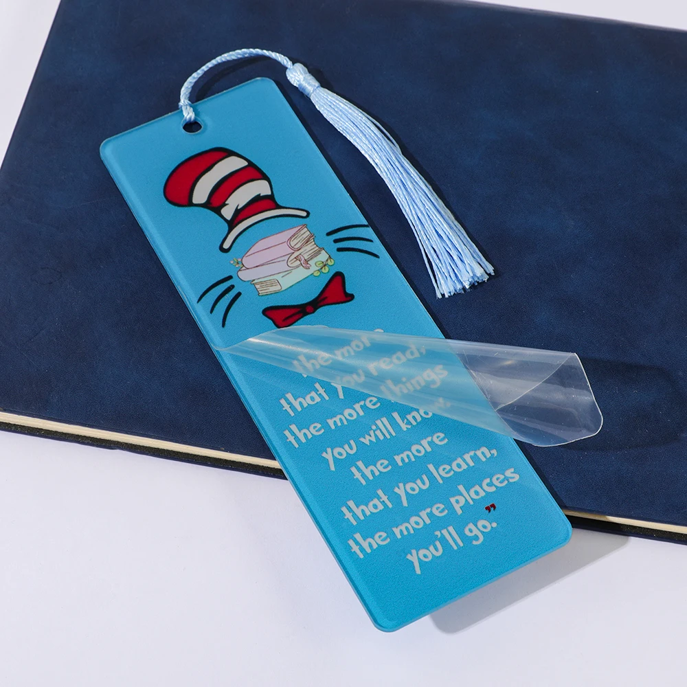 A Blue Abstract Cat Wearing a Hat Fun Acrylic Book Bookmark - Designed with Inspirational Quotes in English