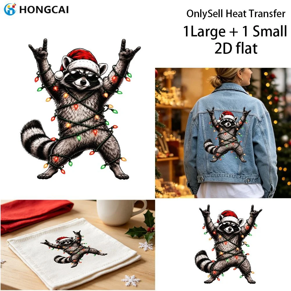 2Pcs Rock-N-Roll Raccoon HTV, Festive Gesture Iron-on for Loungewear, Even Heat No Bubble, Stretch No Crease No Lift