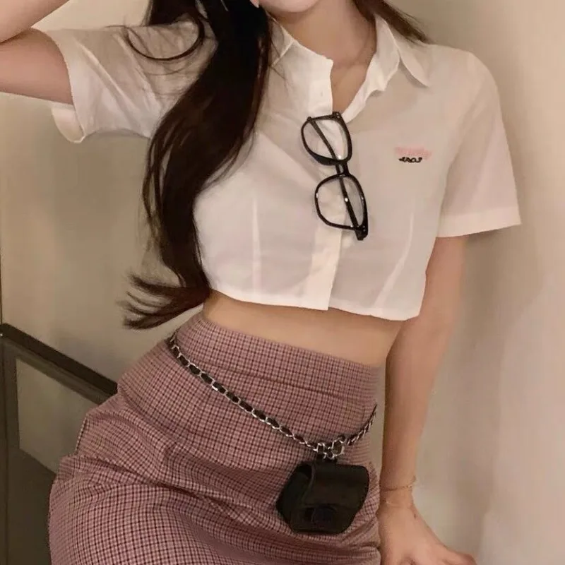 

Slim Fit High Waist White Chemise Femme Japanese Sexy Summer Hotsweet Camisas Short Sleeve Women Shirts Y2k Crop Tops
