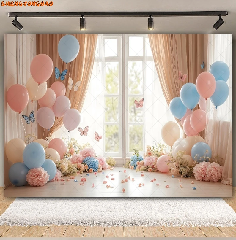 ทารกแรกเกิด First Birthday Party ฉากหลังสําหรับถ่ายภาพบอลลูนเมฆเด็กผู้หญิงภาพพื้นหลังตกแต่ง Photo Studio Props