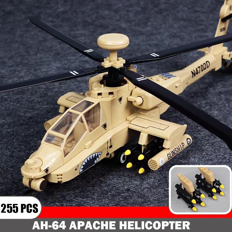 MOC US Army Military WW2 Air Force AH-64 Apache Gunships Model Building Blocks Helicopters Display Base Bricks Toy for Kids Gift