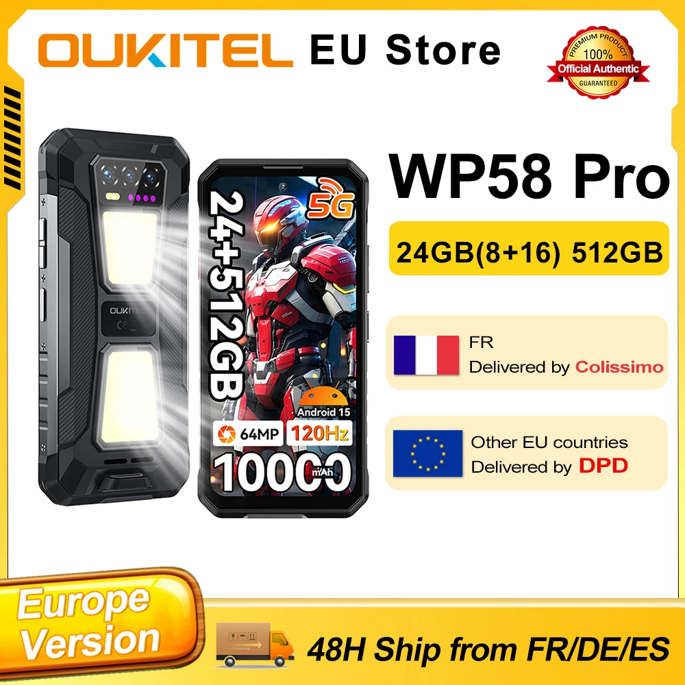 Téléphone robuste OUKITEL WP58 Pro Android 15, 24 Go (8 + 16) de RAM, 512Go Mo de ROM, batterie 10 000 mAh, charge rapide 33 W, écran HD 6,7 pouces 120 Hz, 64 MP, NFC, lampe de camping intégrée