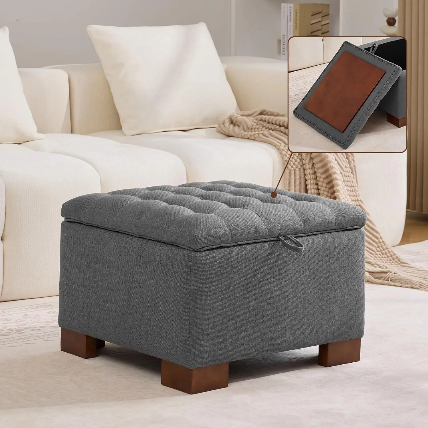 

24" Fabric Storage Ottoman w/ Wooden Tray Tufted Footstool Coffee Table for Living Room Bedroom Gray, Customized