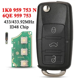 jingyuqin 1K0 959 753 N For VW Volkswagen Golf Jetta Golf Passat Beetle 434Mhz Flip Remote Key ID48 Chip 3 Buttons 6QE 959 753