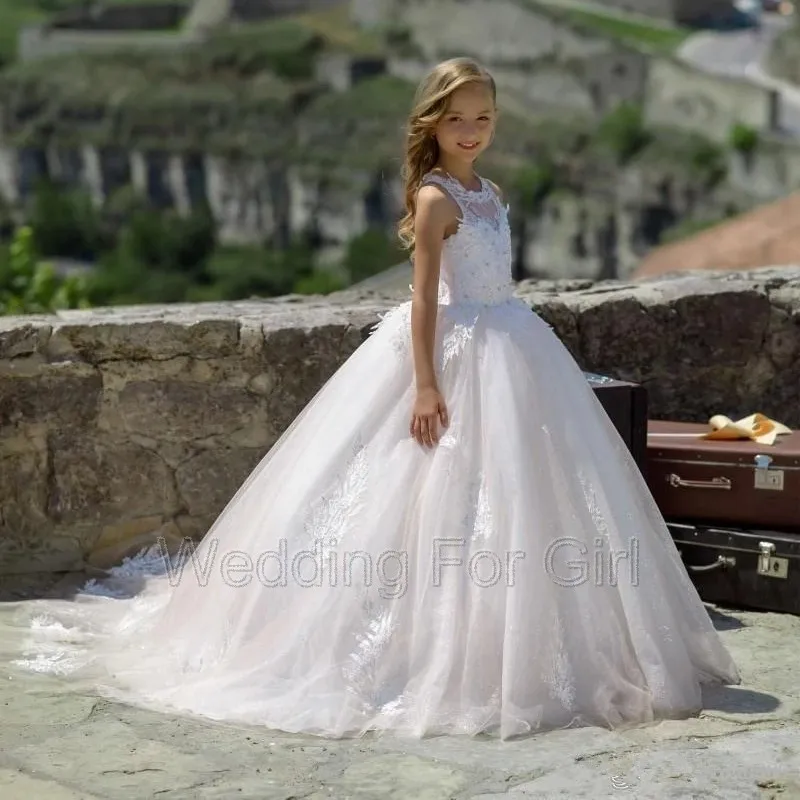 Vestidos de princesa de encaje blanco para niña, vestidos transparentes para primera comunión, fiesta de cumpleaños, vestido de desfile para niñas, bodas, nuevo