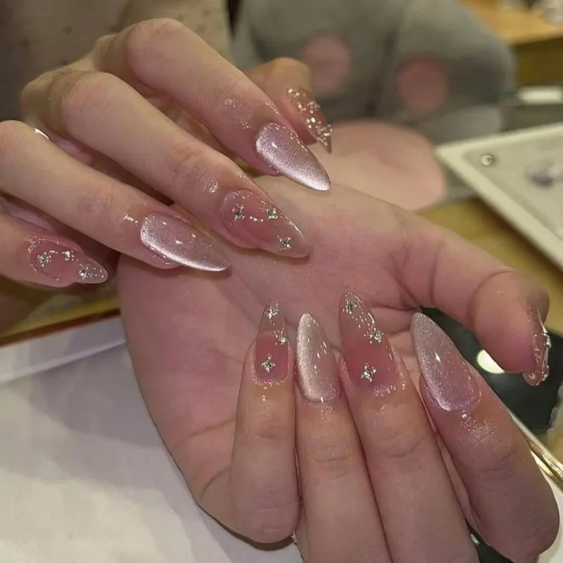 

24PCS Nude Pink Cat Eye Almond Stick on Nails Shiny Rhinestone Sparkle Fake Nails for Women Simple Design False Nails Detachable