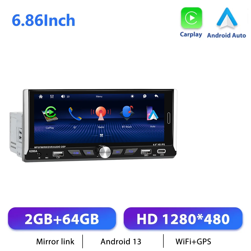 Podofo 6.9 "1din CarPlay Android Radio Universeel 1 DIN Auto Multimedia Speler Type-C Head Unit Intelligent Systeem FM Autoradio