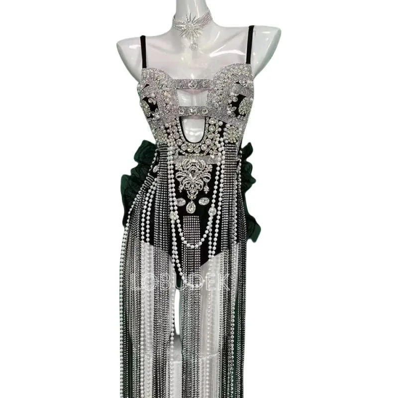 

Luxury Rhinestones Tassel Bodysuit Women Singer Dancer Sexy Stage Wear Nightclub Bar Concert Performance Show Drag Queen Costume