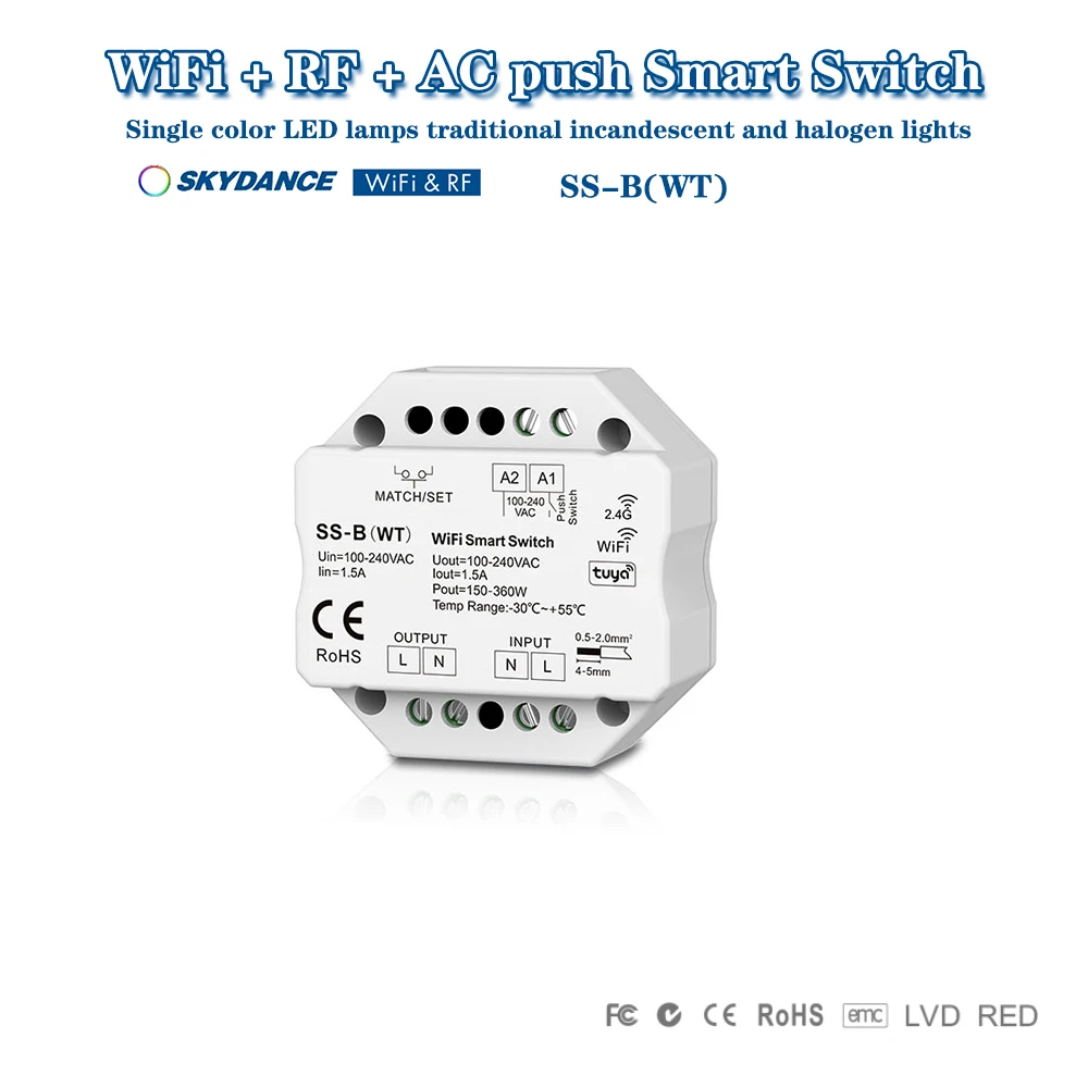 

Skydance SS-B(WT) AC110-220V Smart Wifi Tuya APP+RF+Push Switch Wireless Remote Control Triac Dimmer for Non-Dimmable LED light