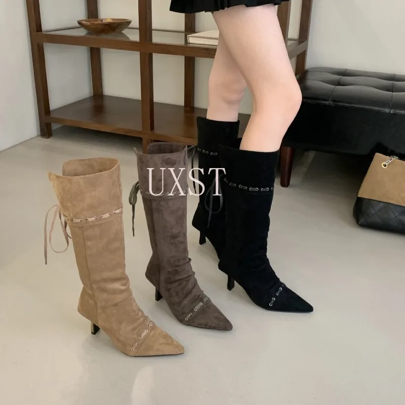 

Women's Pointed Thin Heeled Shoes with Retro Straps Slim Boots Slim Heels Fashionable High Boots