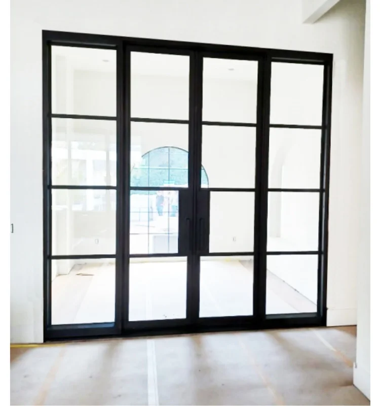 Customization Modern Style Wrought Iron Frame Tempered Glass Transparent Double Swing Villa Front Door