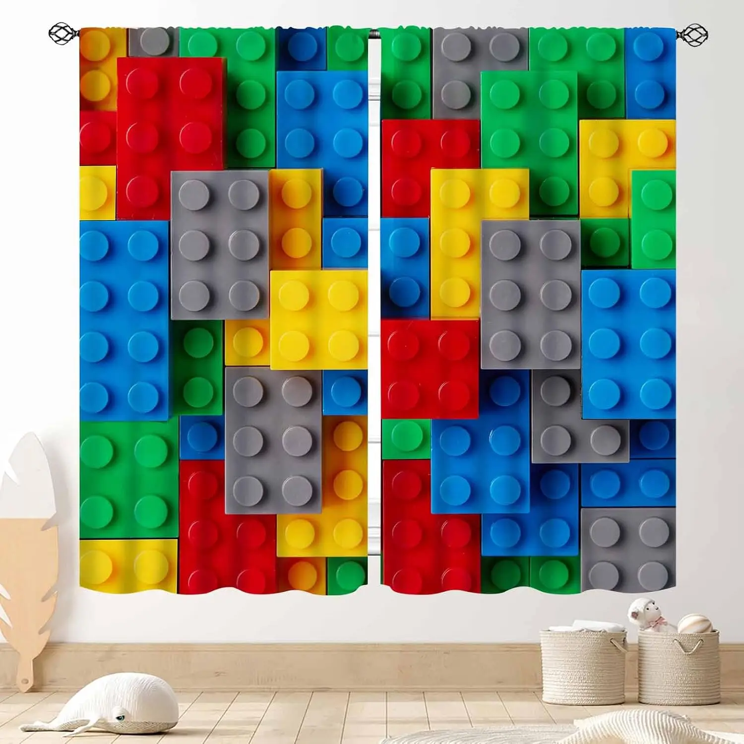 Colorful Building Block Curtain Panels, Red Blue Yellow Green Grey Bricks Print Window Drapes for Kids Playroom Nursery Bedroom