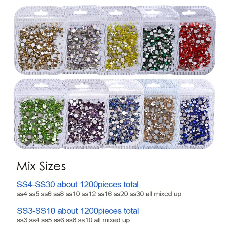 Multi Colors SS16 SS20 Mix Sizes Non Hot Fix Rhinestone Flat Back Crystals Strass Glass Glitters Stone For DIY 3D Nail Art Decor