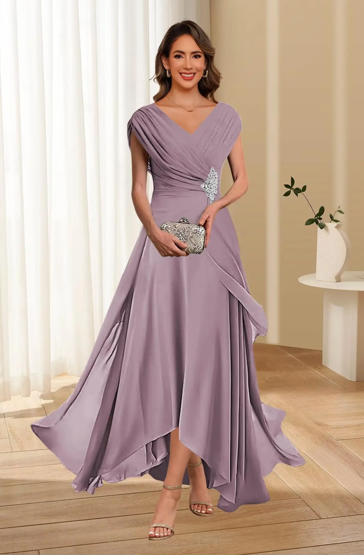 

Lace Applique Chiffon Mother of The Bride Dresses Cap Sleeves Evening Gown V Neck Formal Dress for Wedding