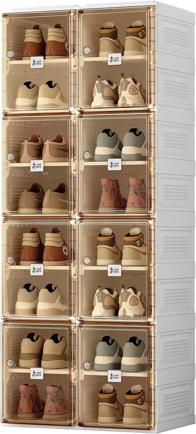 Organizer Storage Box, Portable Folding Shoe Rack for Closet with Magnetic Clear Door,Large Sneaker Cabinet Bins Sturdy Easy Ass