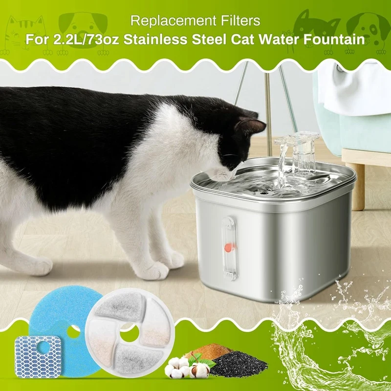 10Set Cat Water Fountain Filter Replacement for Square 2.2L/73oz Cat Fountain Triple Filtration Pet Fountain Filter-A55K