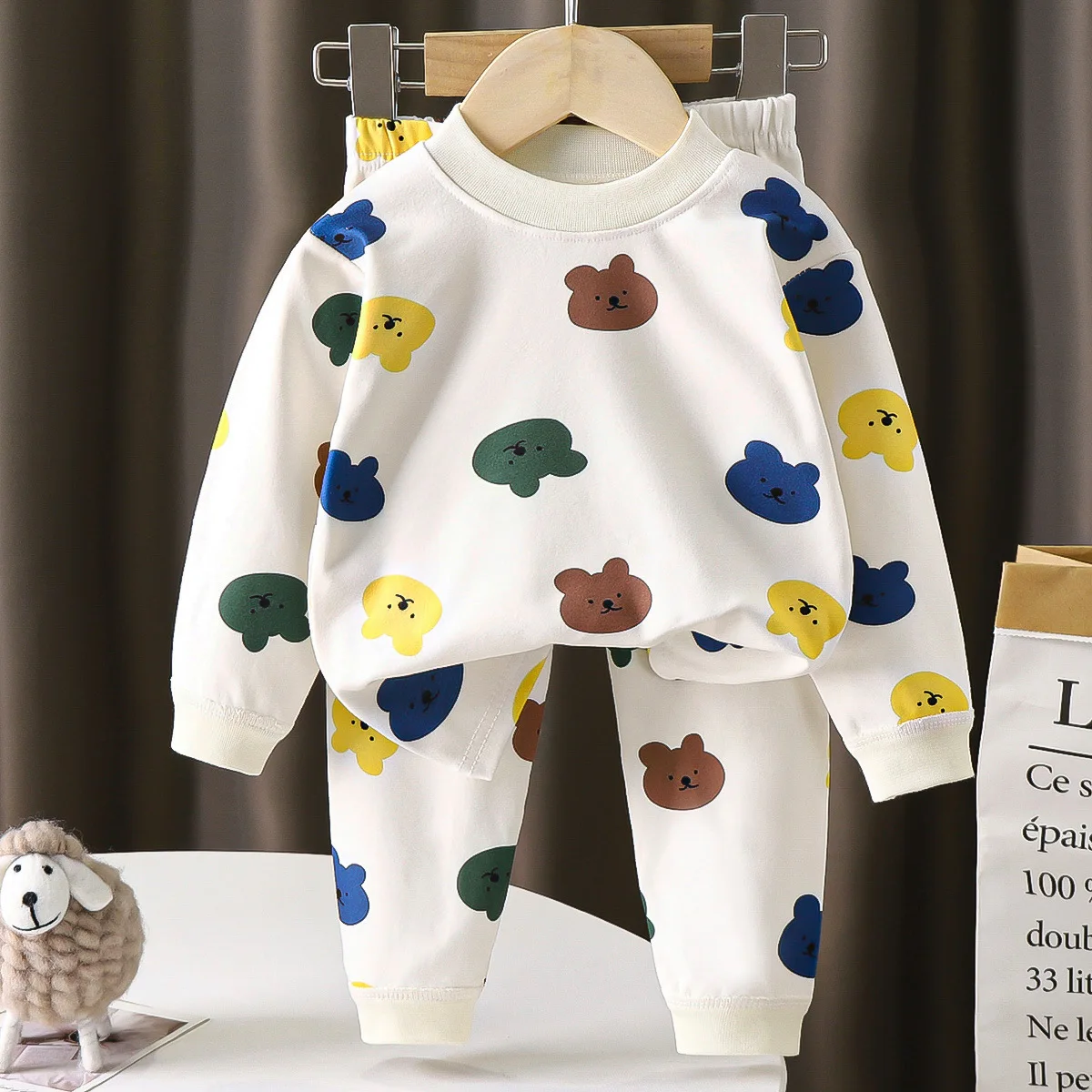 Kids Autumn Pajamas Sets Boys Girls Cute Cartoon Bear Print Long Sleeve T-Shirt Tops + Pants Baby Casual Sleepwear Underwear