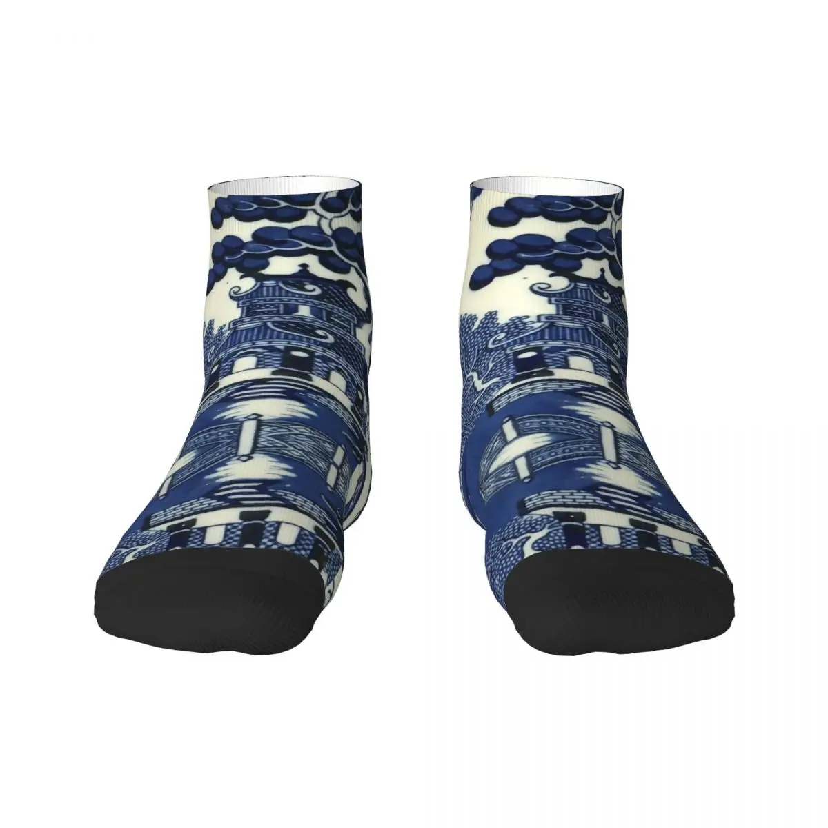 Antique Willow Ware Oriental Toile Men Women Crew Socks Unisex Novelty 3D Print Blue Delft Chinoiserie Pagoda Dress Socks