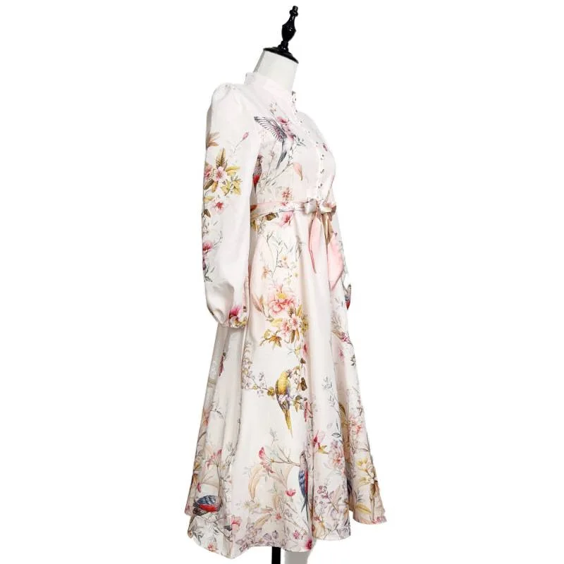 Ele Flird imprimé Midi Dr col montant lanterne Sve rose printemps été nouveauté australien Sle femmes Dr