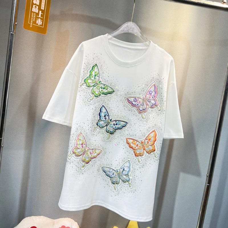 Heavy Embroidery Diamond Drills Mid-Length T-shirt For Women's 2024 Summer Fashion Y2k Butterfly Loose Top Harajuku Tees Clothes